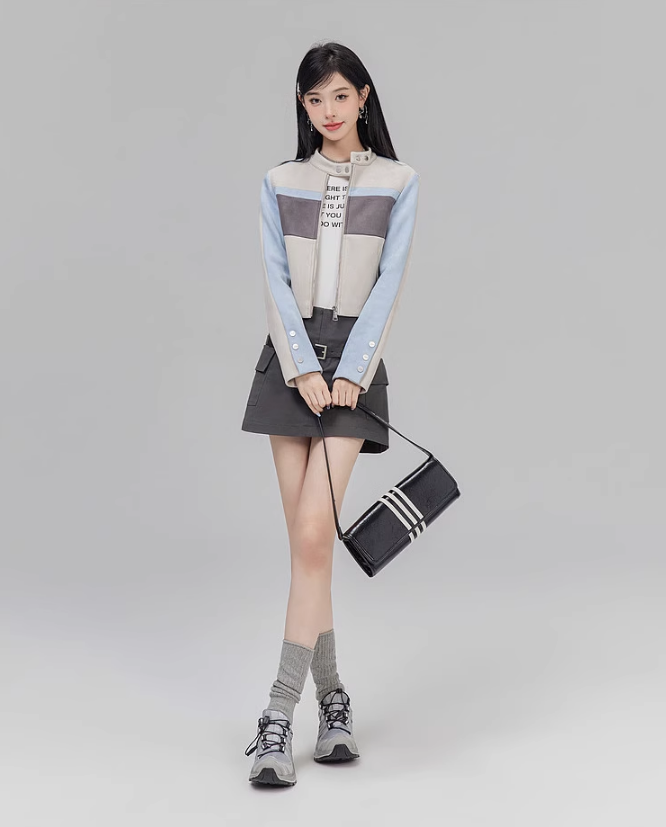 Contrast Color Suede Biker Jacket