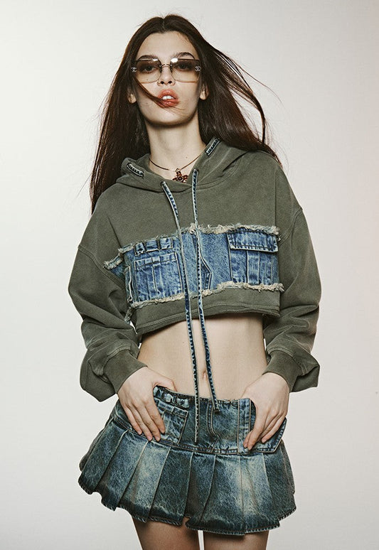 American Retro Cloth Patch Short Niche Hooded Pullover