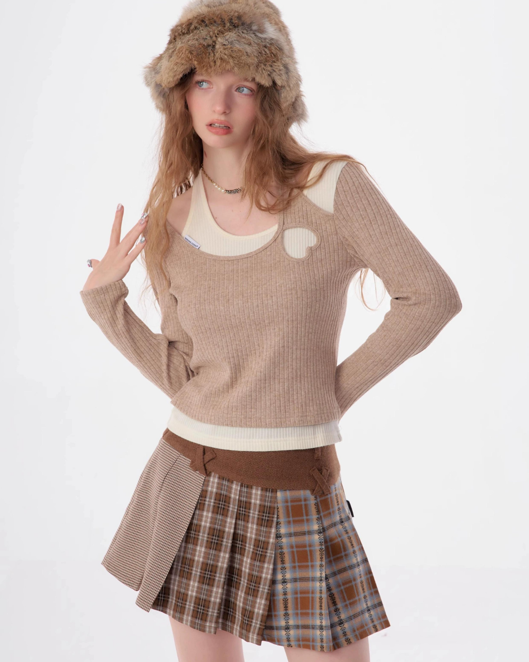 레트로 격자 무늬 주름 치마