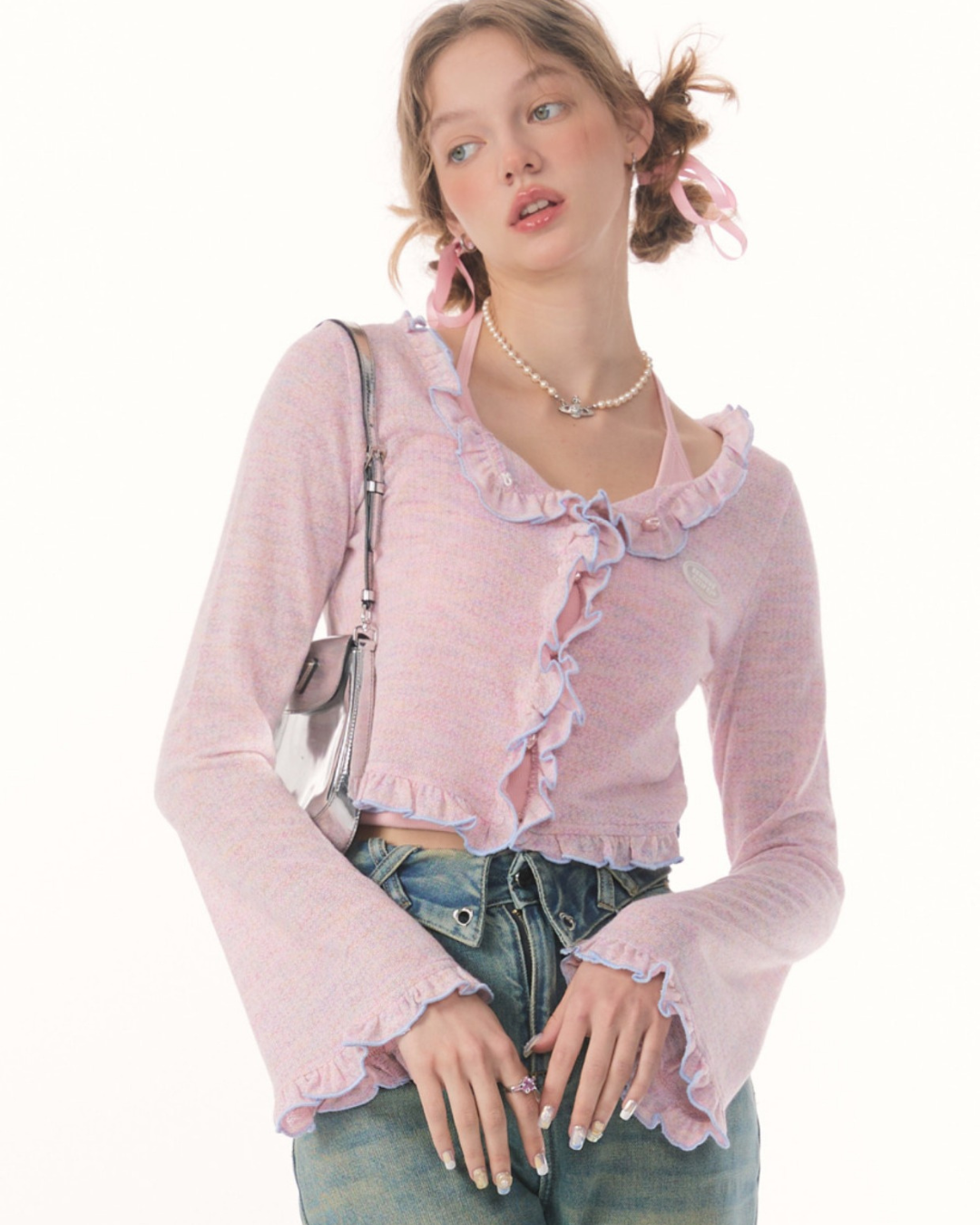 주름진 짧은 니트 가디건