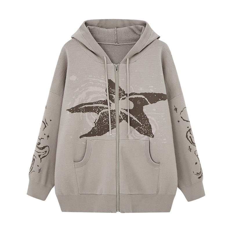 Marine Print Wide Silhouette Hooded Top