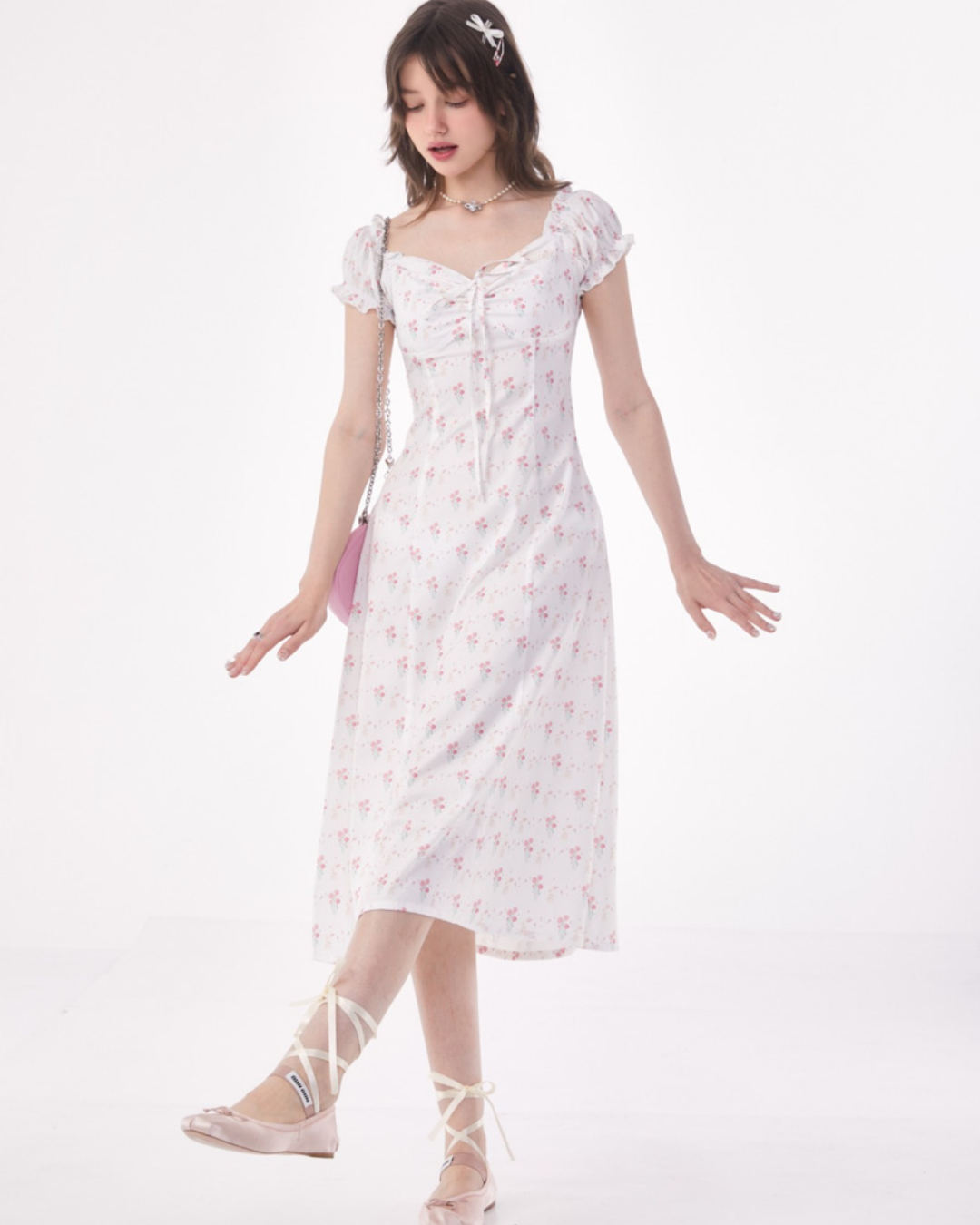 장미 퍼프 슬리브 허리 슬림 드레스