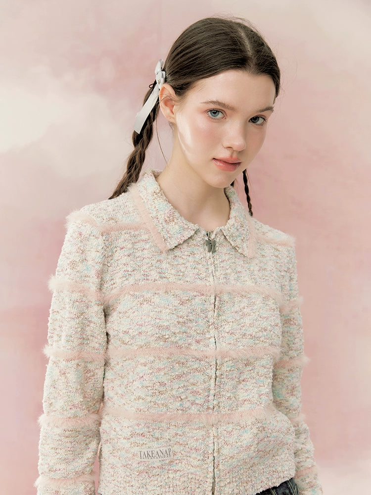 모피 옷깃 지퍼 니트 탑