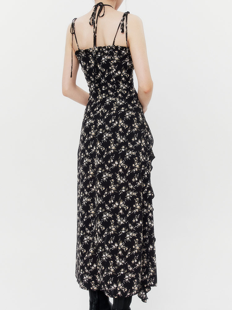 Cool Black Floral Ruffle Irehem Halter Bow Cami Dress
