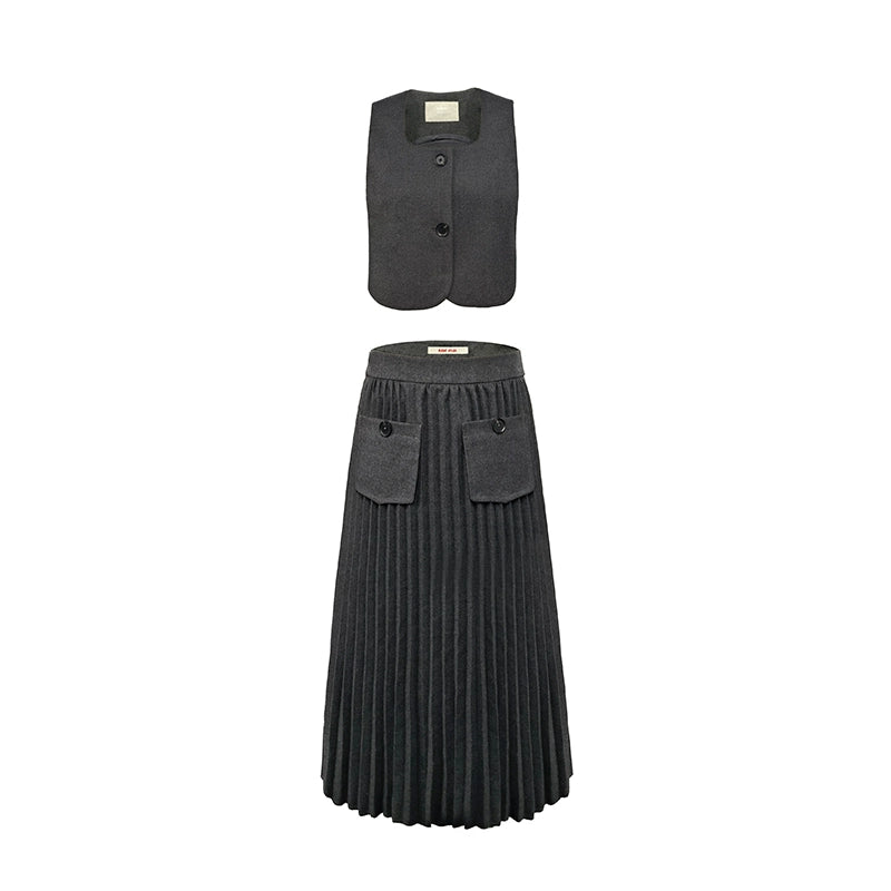 Weste roher, plissierter langer Rock -Set