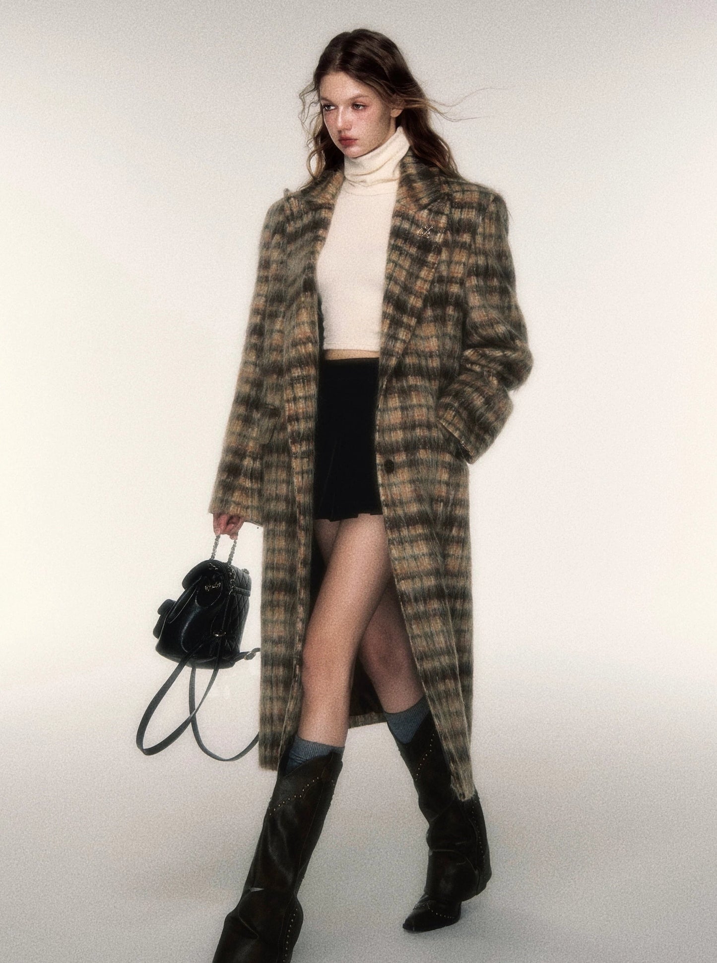 Vintage Lange Karo Woll Tweed Mantel Jacke