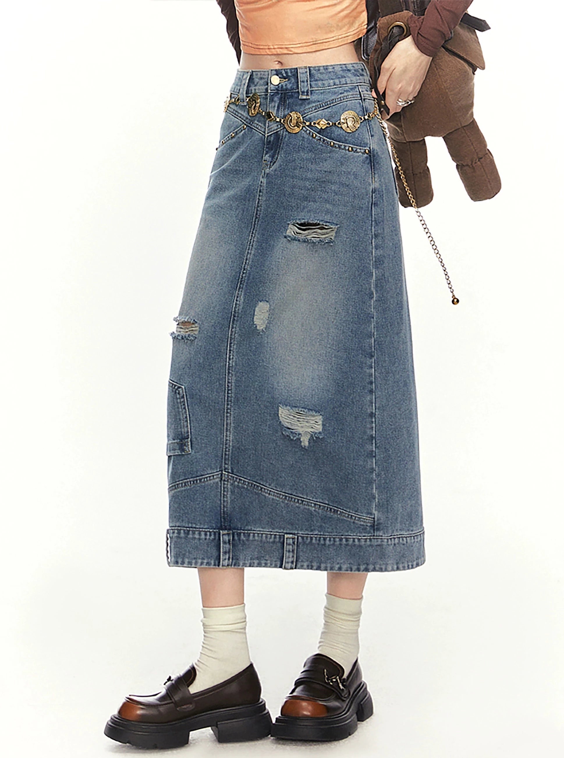 Street Solid Tassel Ripped Pocket Regular Denim Skirts