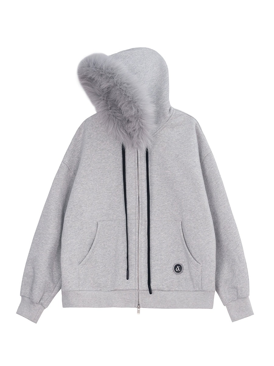 Manteau sweat à capuche avec col en fourrure de renard