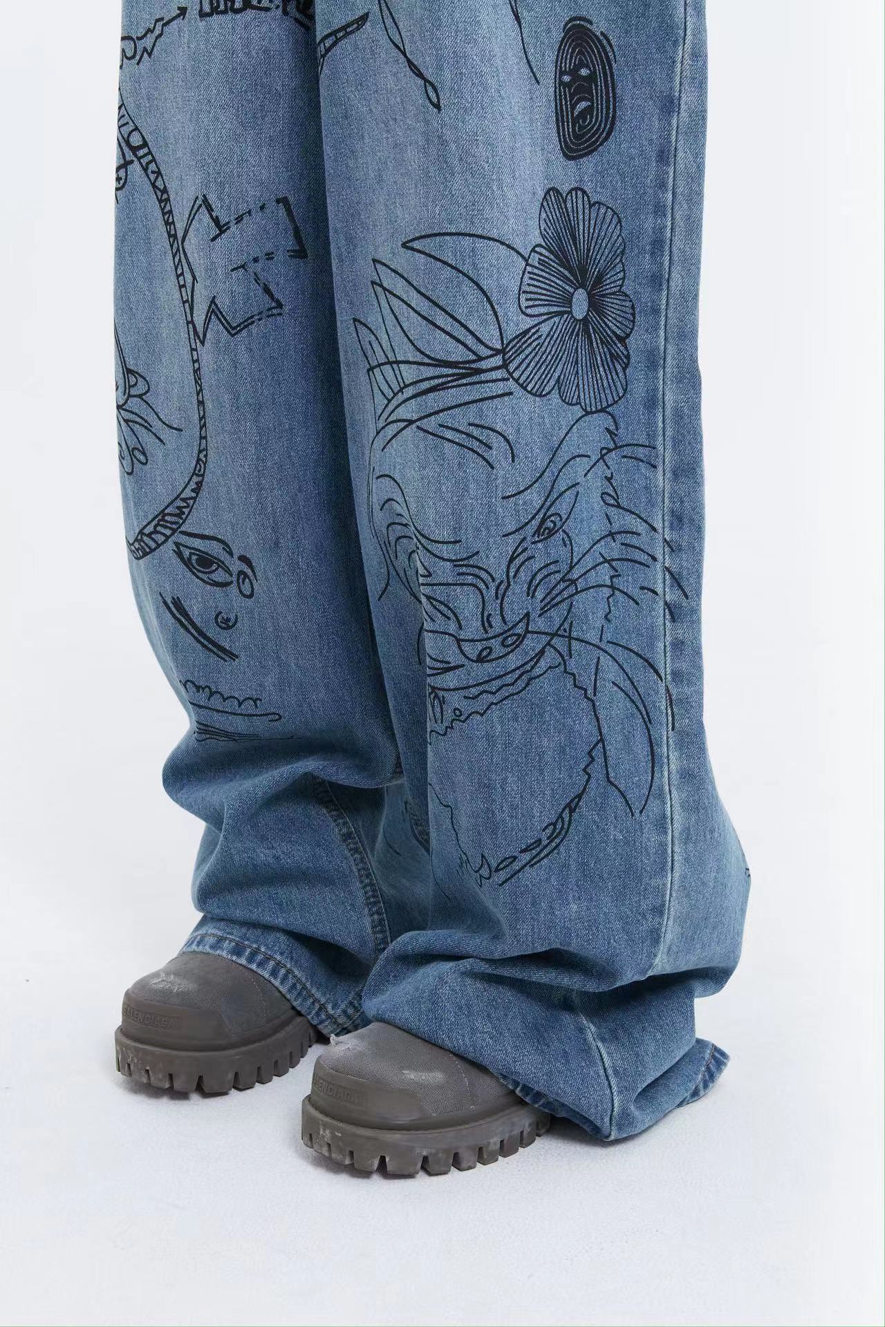 Illustration Print Wide Denim