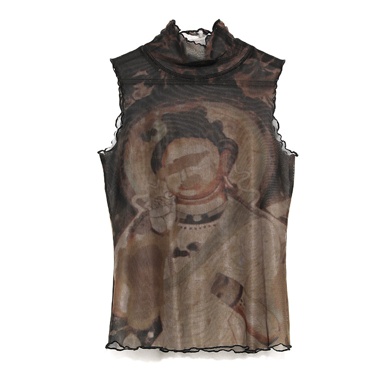 High Neck Sheer Buddha Print Sleeveless