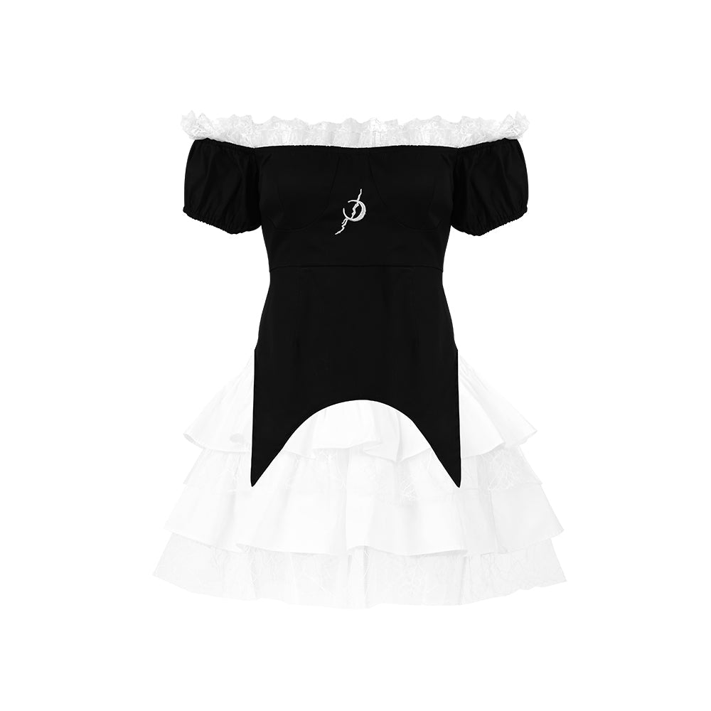 Back Cross Bow Lace Off-the-shoulder Ruffle Dress