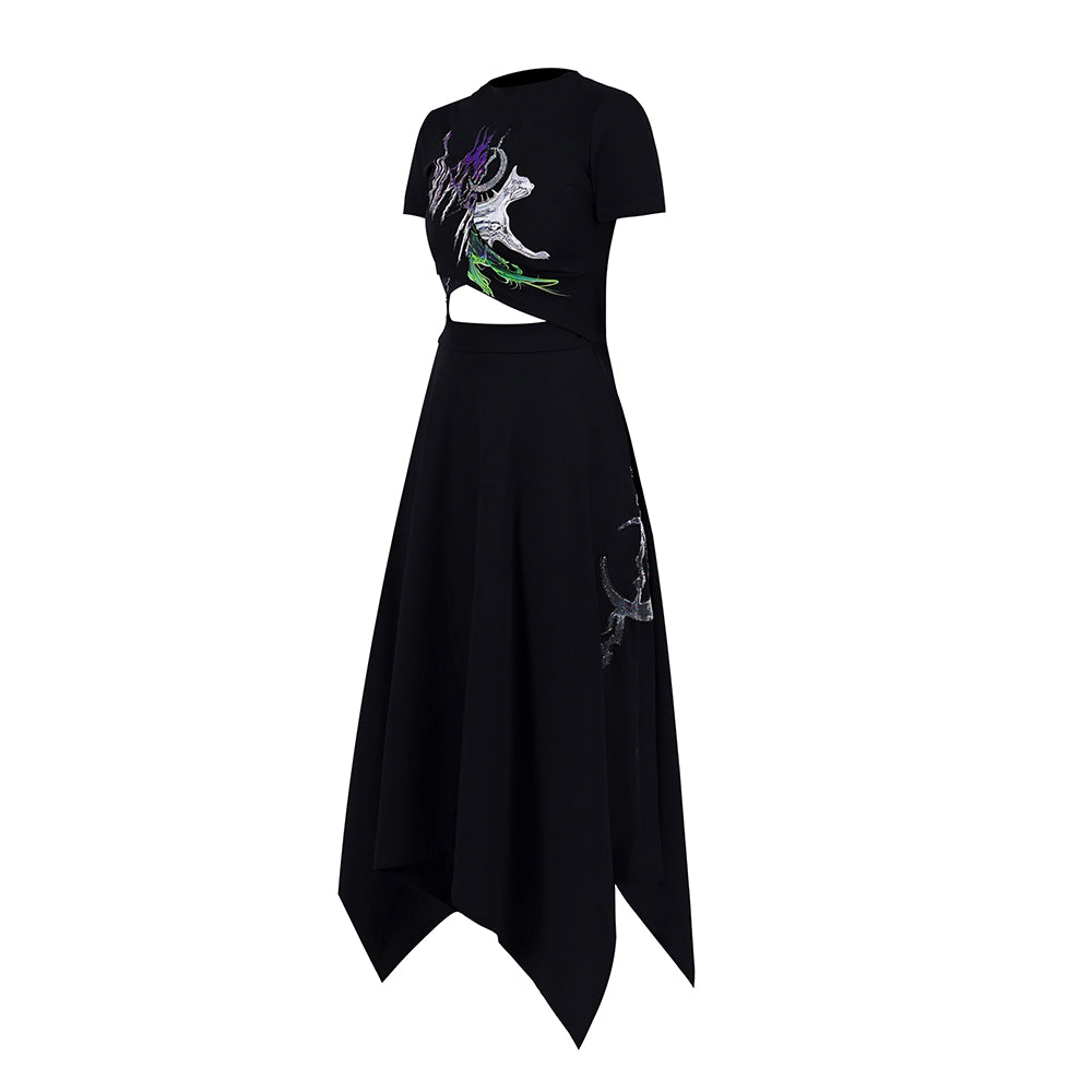 허리 컷 고양이 프린트 티셔츠 드레스