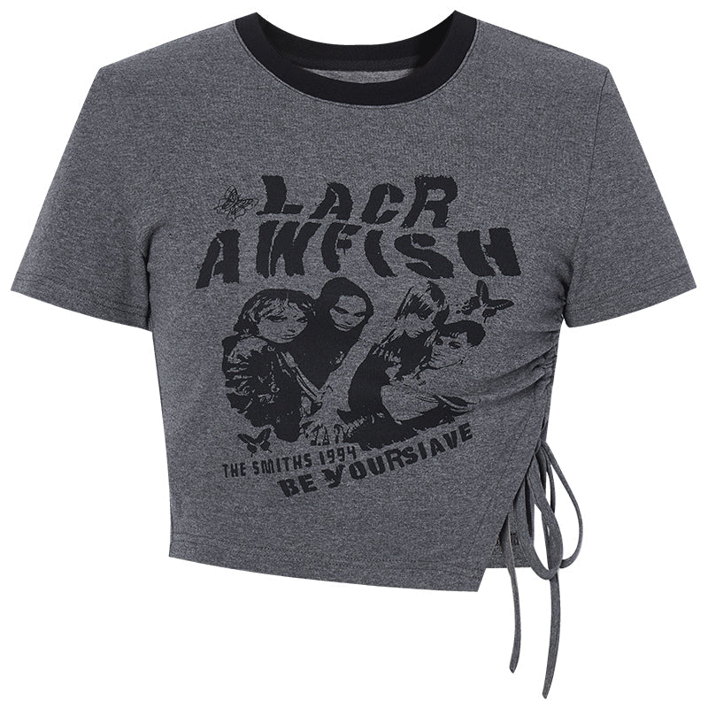 아메리칸 레트로 프린트 사이드 리본 티셔츠