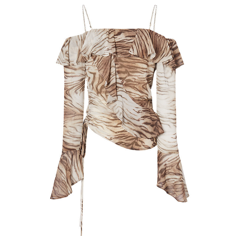 주름 장식 디자인 레오파드 오프-커더 탑