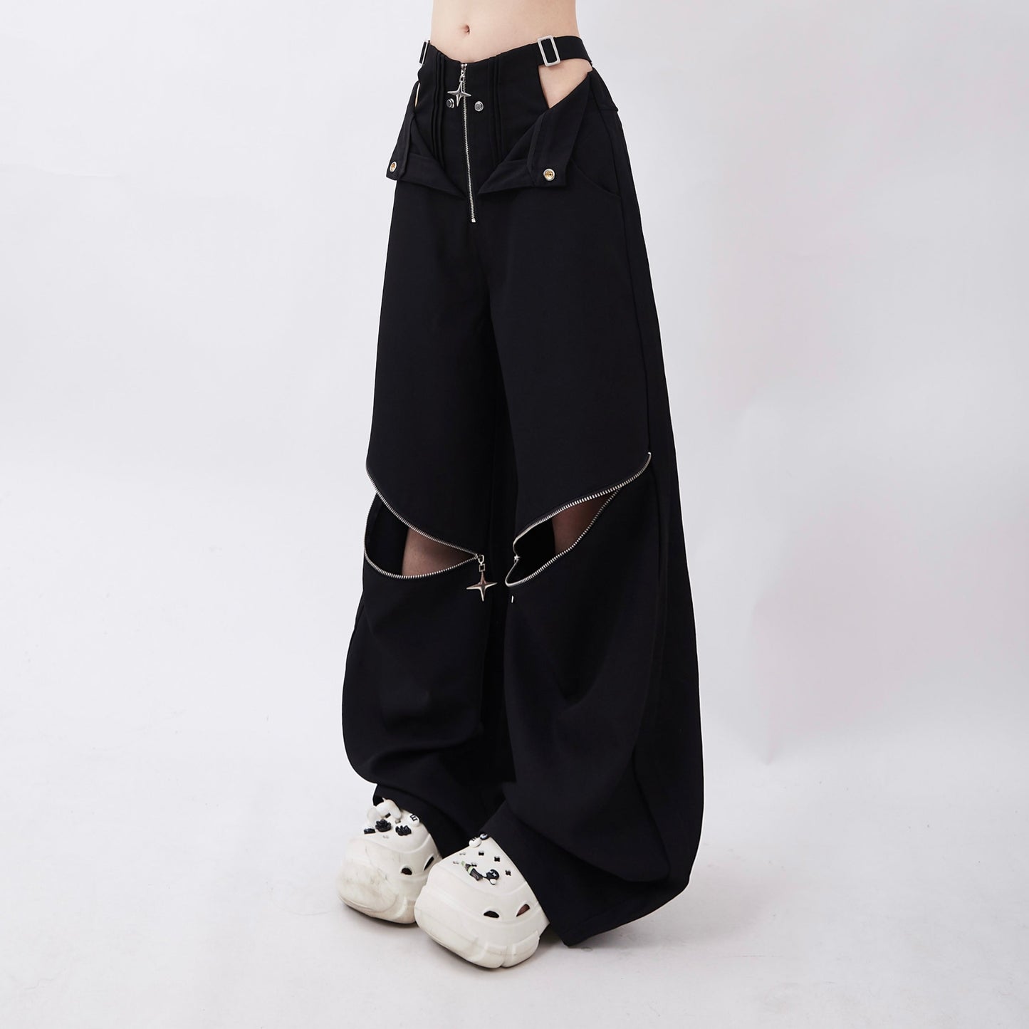Charm Zip Waist Belt Design Loose Pants