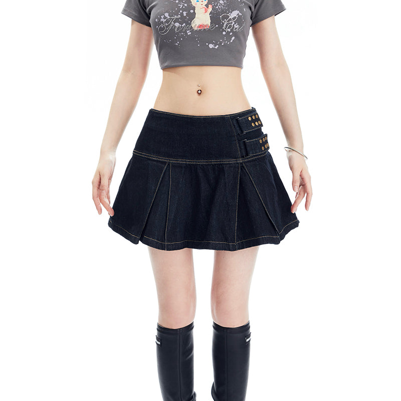 Frilled Pleated Denim Short Skirt