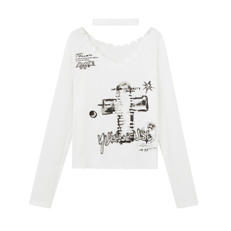 Punk Style Loose V-Neck Ribbed Knit Top