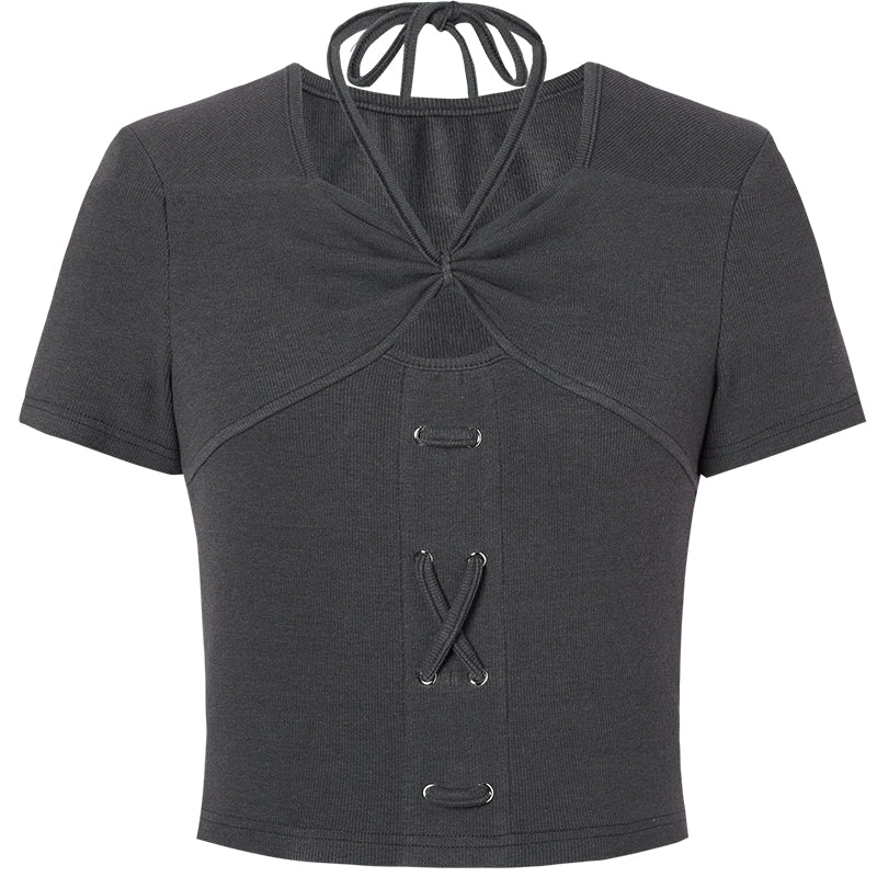 Strap Halter Neck Front Cross T-Shirt