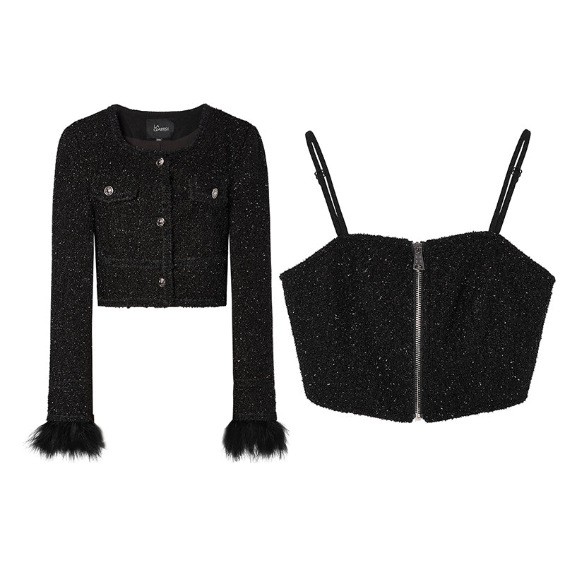 모피 민소매의 절름발이 재킷 및 짧은 내부 상판 세트