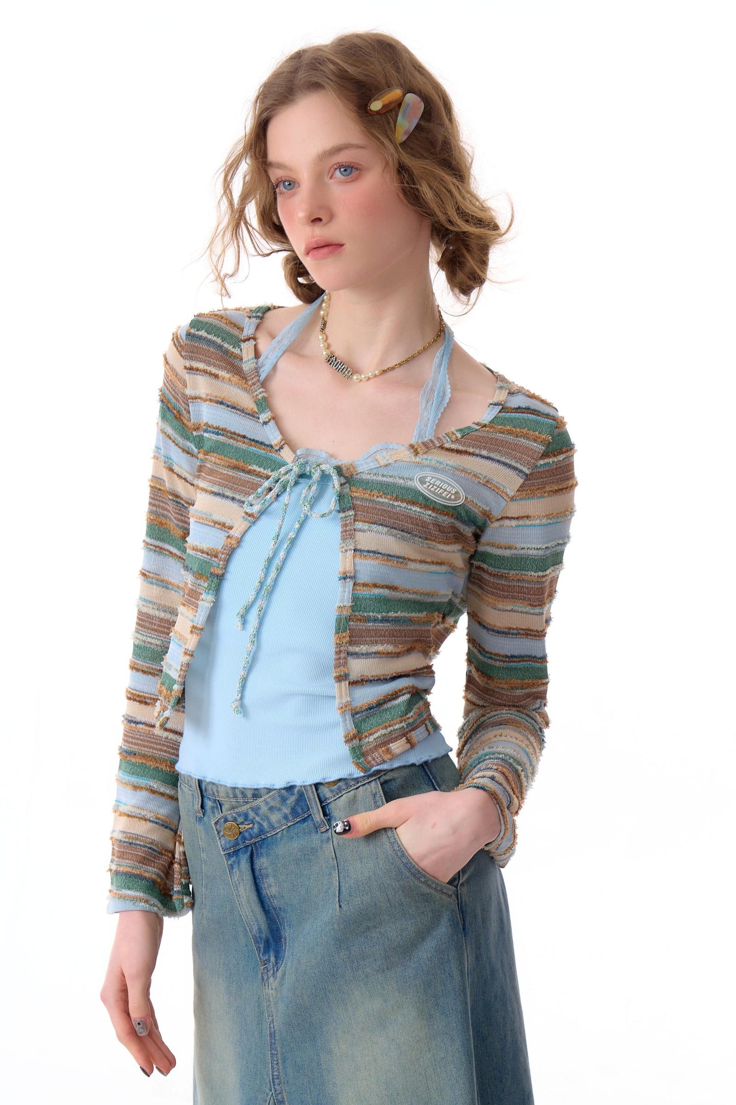 Cardigan court à rayures contrastées 