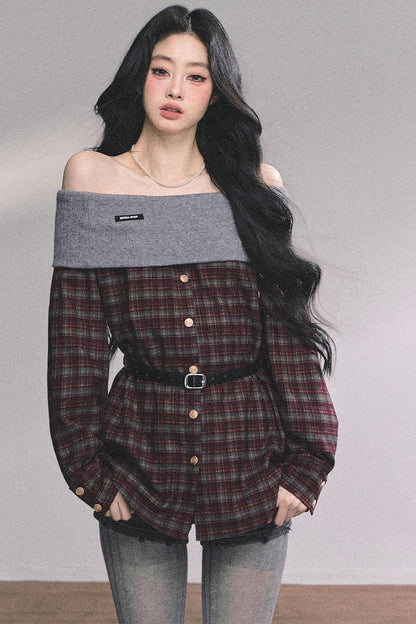 Autumn Waist Slimming Plaid Knit Top