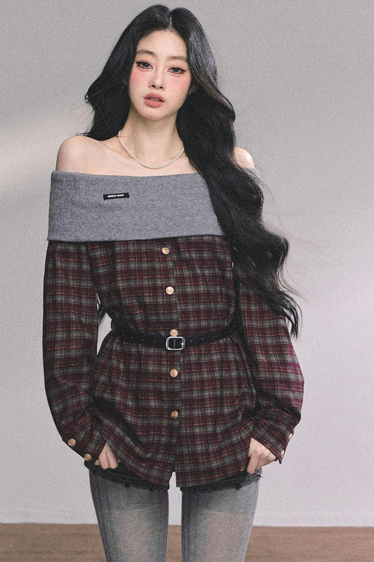 Autumn Waist Slimming Plaid Knit Top