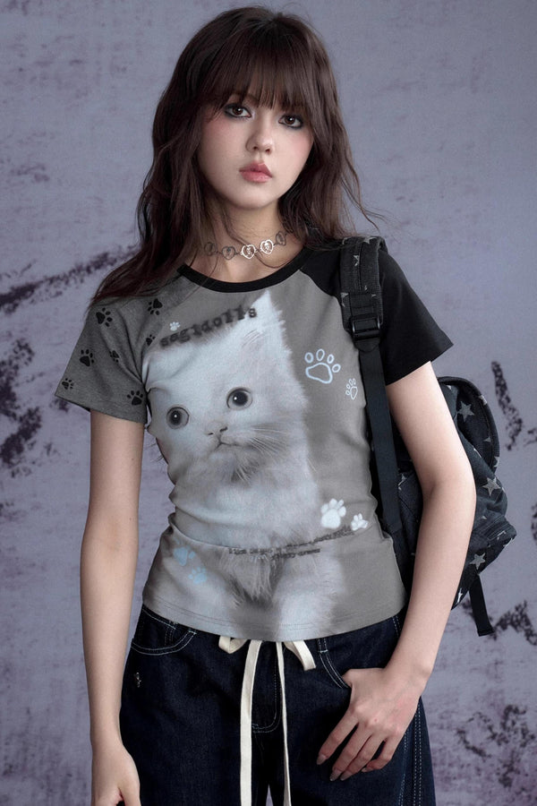 Fighting Spirit Cat Print Raglan Tee