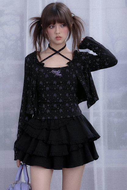 Angel Bear Print Camisole Cardigan Set-Up