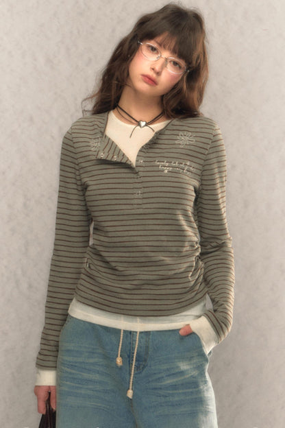 Striped Short Slim Long-Sleeved Top