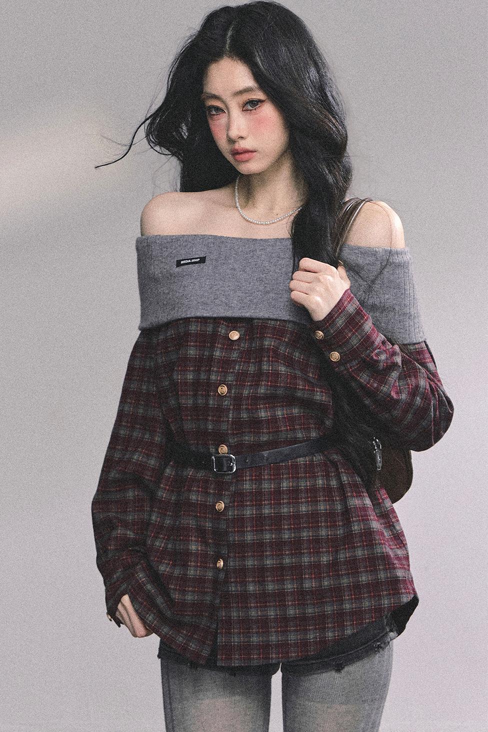 Autumn Waist Slimming Plaid Knit Top