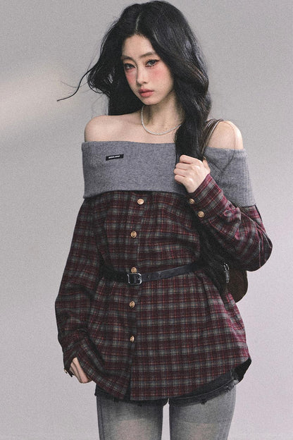 Autumn Waist Slimming Plaid Knit Top