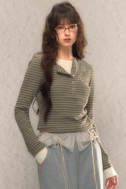 Striped Short Slim Long-Sleeved Top