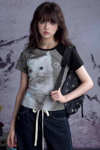 Fighting Spirit Cat Print Raglan Tee