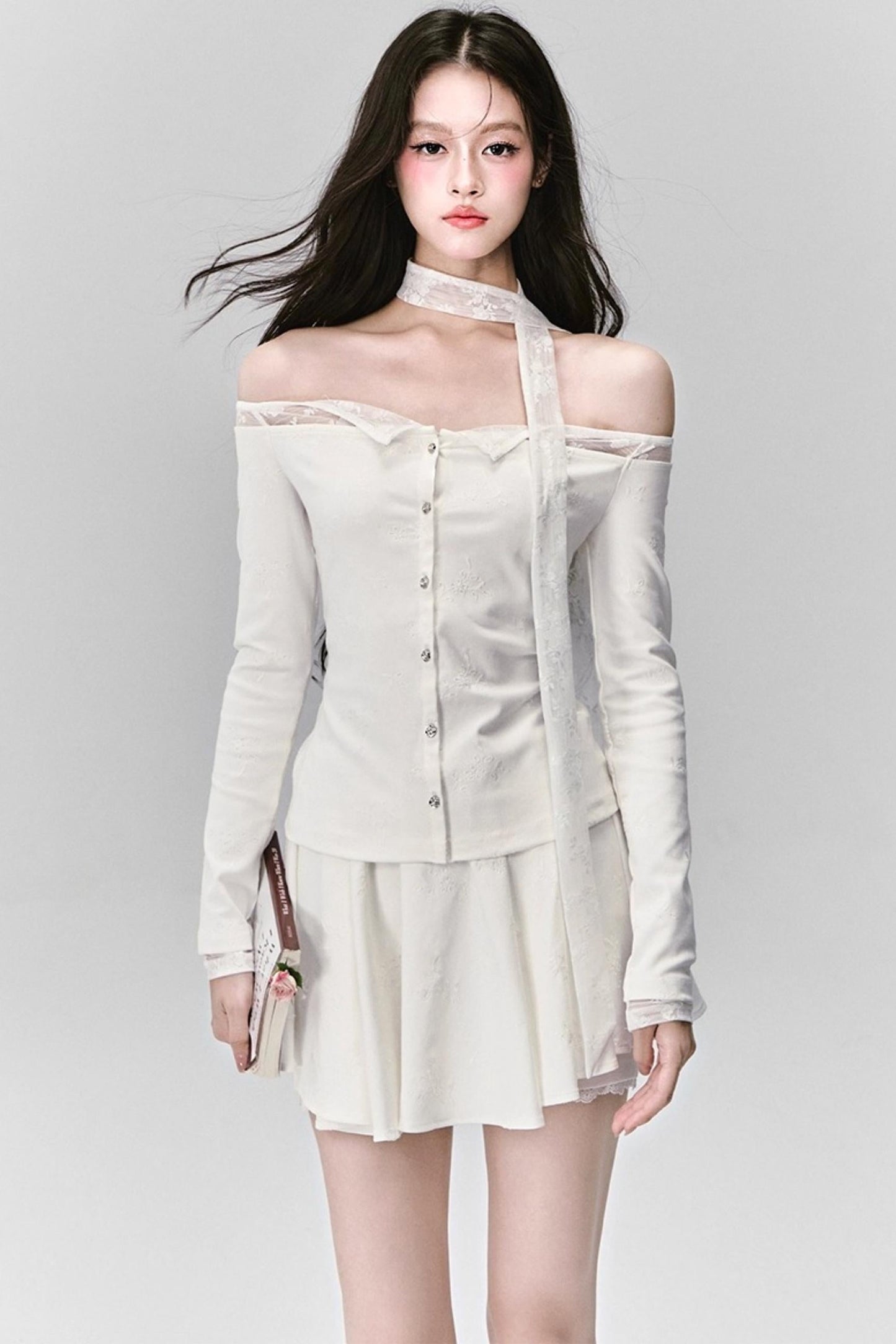 Luxury Moonlight Lace One-Shoulder Top Embroidered Skirt Set-Up