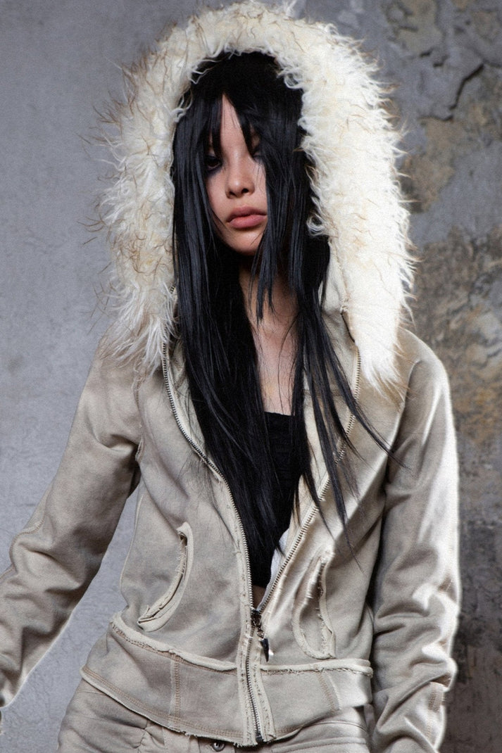 Women's Punk Stand Collar Rivets Lacing Faux Fur Jacket main image 0