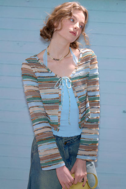 Cardigan court à rayures contrastées 