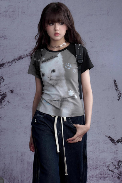 Fighting Spirit Cat Print Raglan Tee