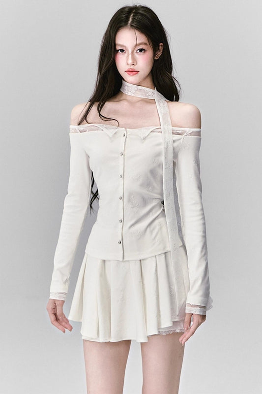 Luxury Moonlight Lace One-Shoulder Top Embroidered Skirt Set-Up