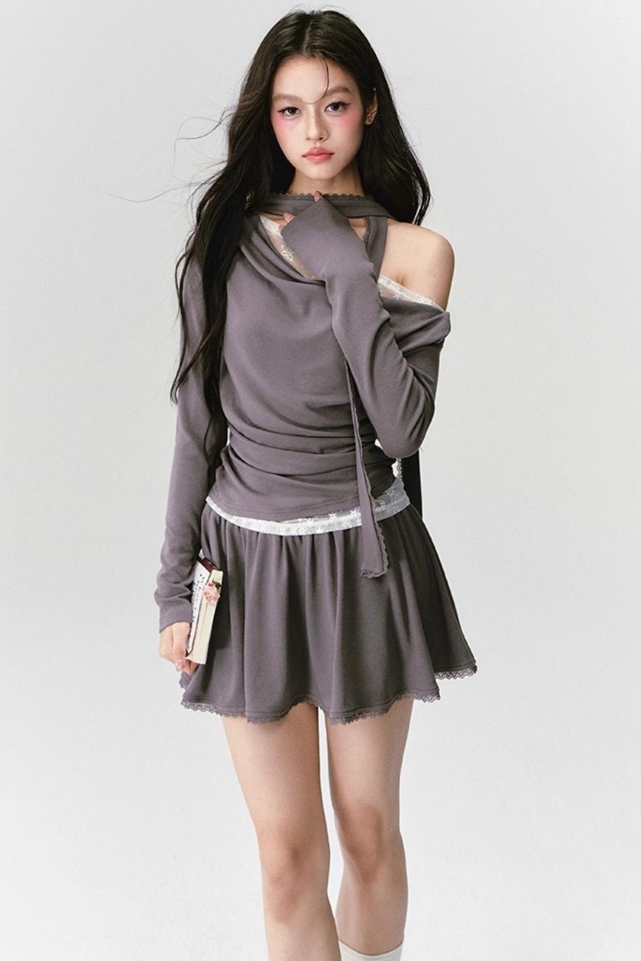 Green Lace Knit Top Skirt Set-Up