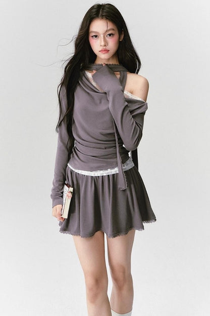 Green Lace Knit Top Skirt Set-Up