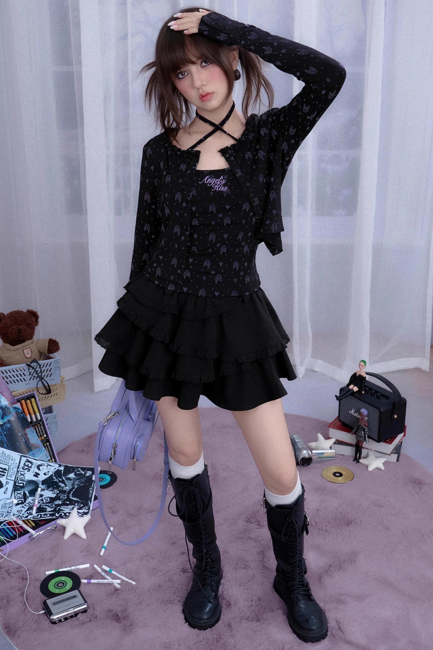 Angel Bear Print Camisole Cardigan Set-Up