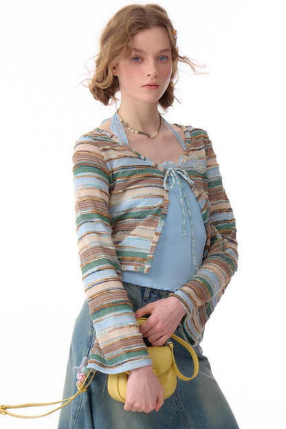 Cardigan court à rayures contrastées 