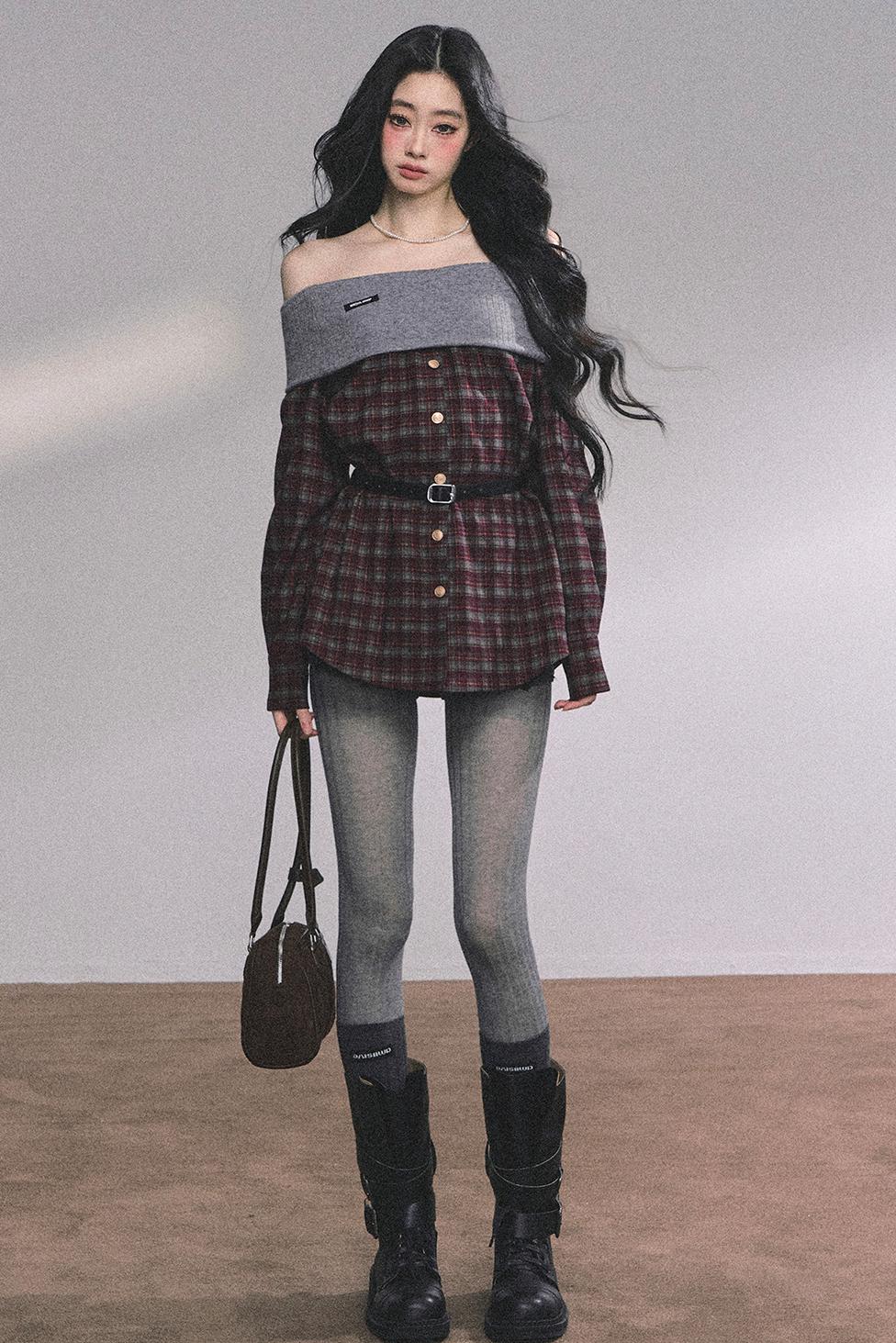 Autumn Waist Slimming Plaid Knit Top