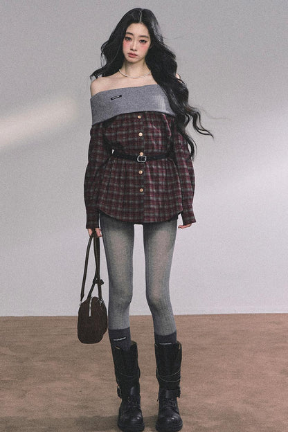 Autumn Waist Slimming Plaid Knit Top