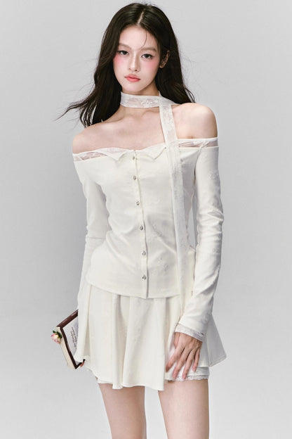 Luxury Moonlight Lace One-Shoulder Top Embroidered Skirt Set-Up