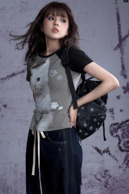 Fighting Spirit Cat Print Raglan Tee