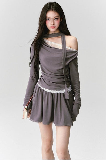 Green Lace Knit Top Skirt Set-Up