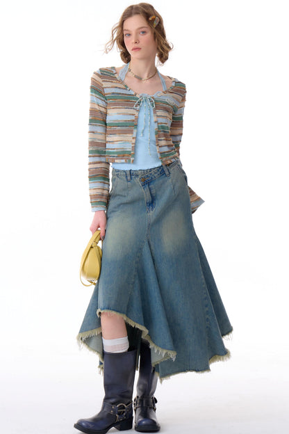 Cardigan court à rayures contrastées 