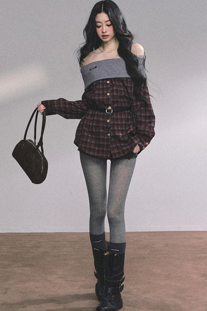 Autumn Waist Slimming Plaid Knit Top