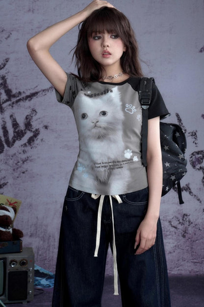 Fighting Spirit Cat Print Raglan Tee